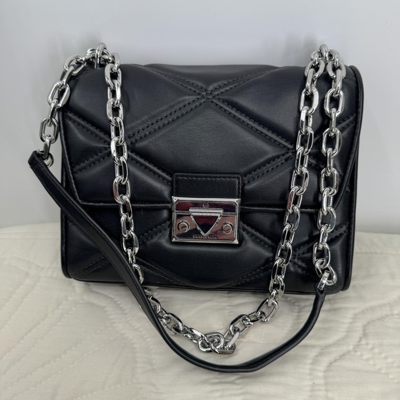 Michael Kors Serena Shoulder Bag Womens Black Quilted Vegan Chain Crossbody - Picture 4 of 14
